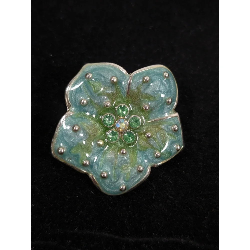 Blue Green Enamel‎ Flower Brooch Rhinestone Silver Tone Swirl Pin